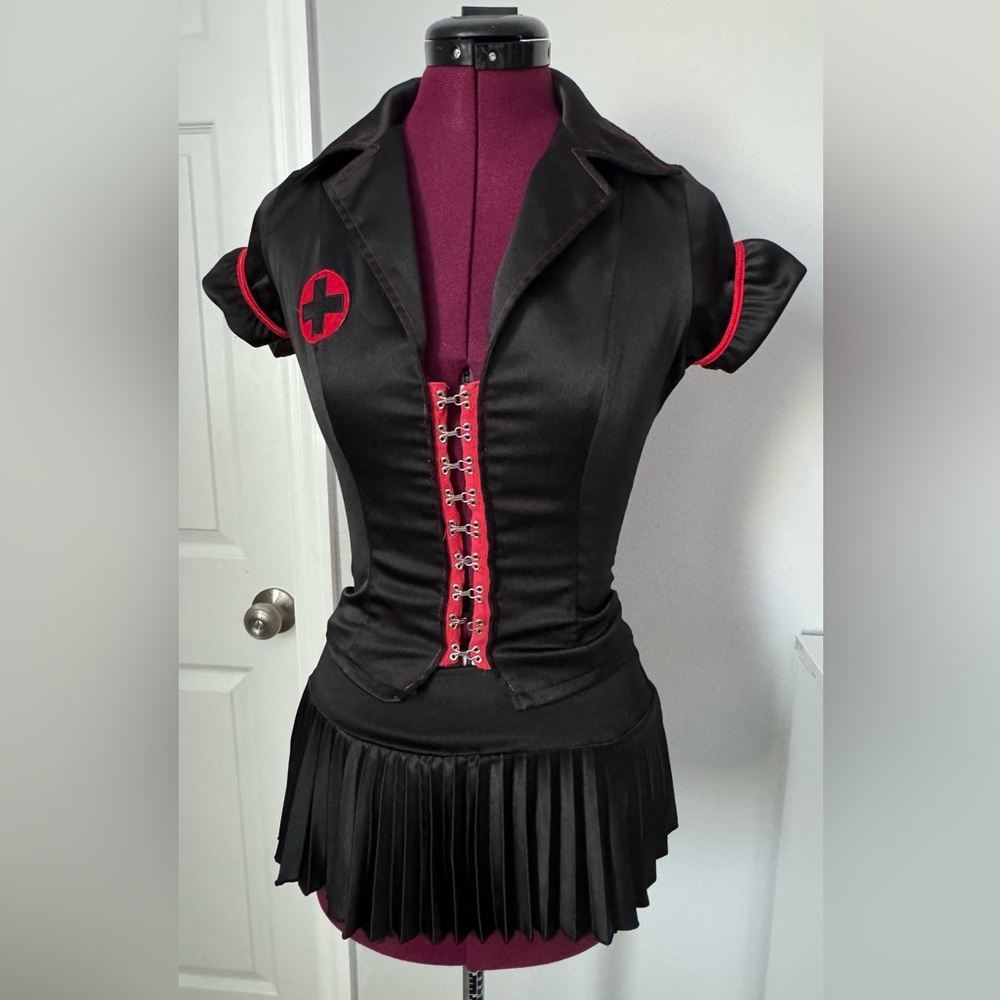 Black & Red Nurse Costume with Hat | Halloween, Cosplay, Roleplay (S)